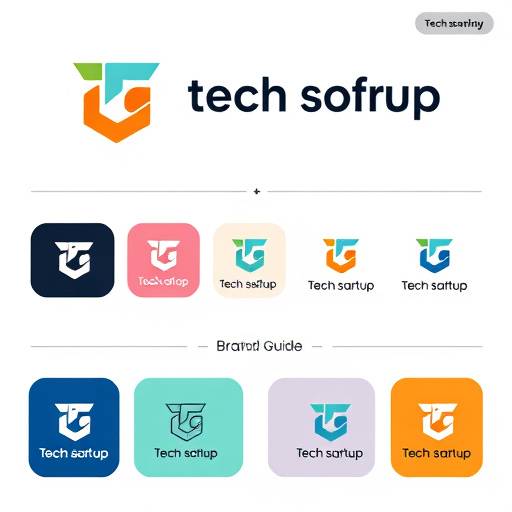 Brand guide for a tech startup, including logo variations, color palettes, and typography guidelines, emphasizing innovation and professionalism.