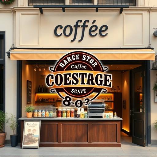 Mockup of a coffee shop's branding, including logo, packaging, and storefront design, with a focus on a vintage aesthetic.